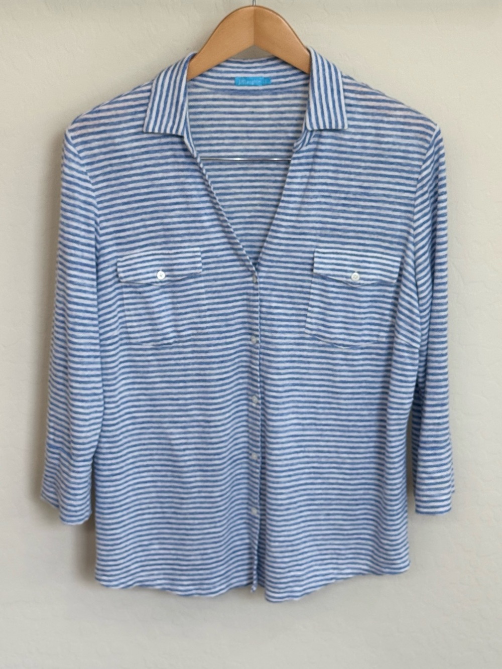 J. McLaughlin Striped Linen Button Down Shirt Size L Blue White 3/4 Sleeve